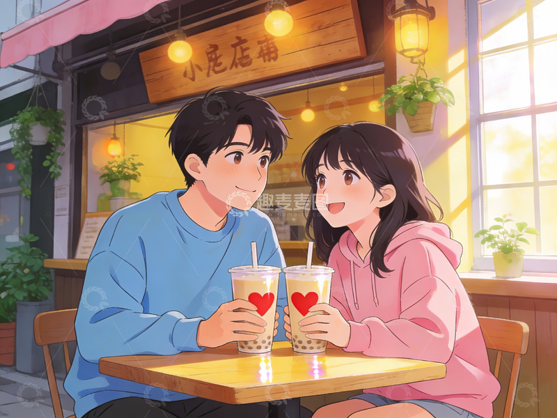 高清大图下载【趣麦麦图】情侣在咖啡馆共饮奶茶