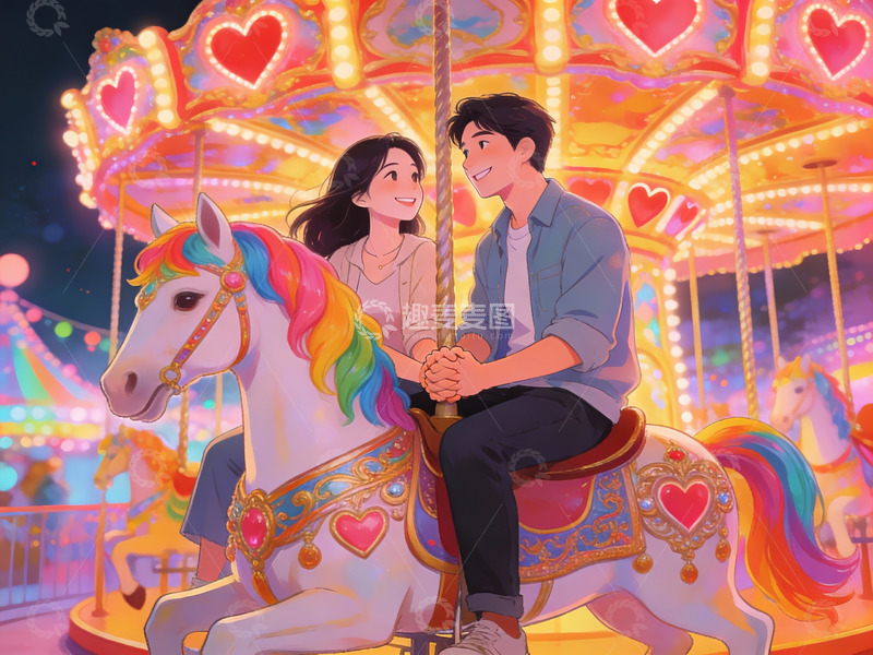 高清大图下载【趣麦麦图】情侣共骑旋转木马