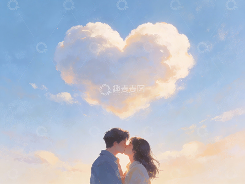 高清大图下载【趣麦麦图】情侣仰望心形云朵