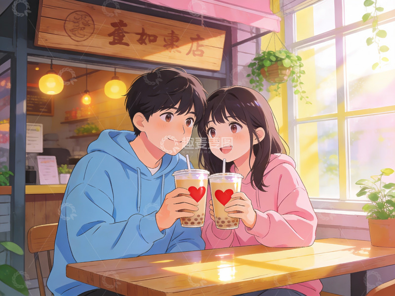高清大图下载【趣麦麦图】情侣在奶茶店共饮饮品