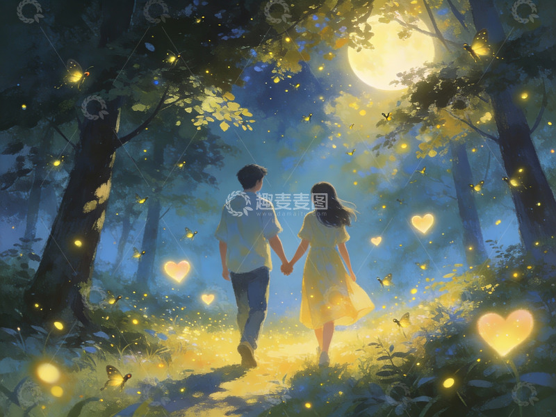 高清大图下载【趣麦麦图】月下森林情侣牵手散步