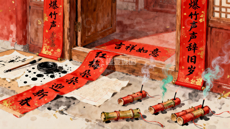 高清大图下载【趣麦麦图】传统新年门前爆竹与春联