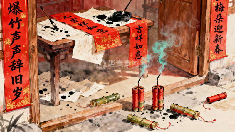 高清大图下载【趣麦麦图】春节爆竹书写迎新春场景