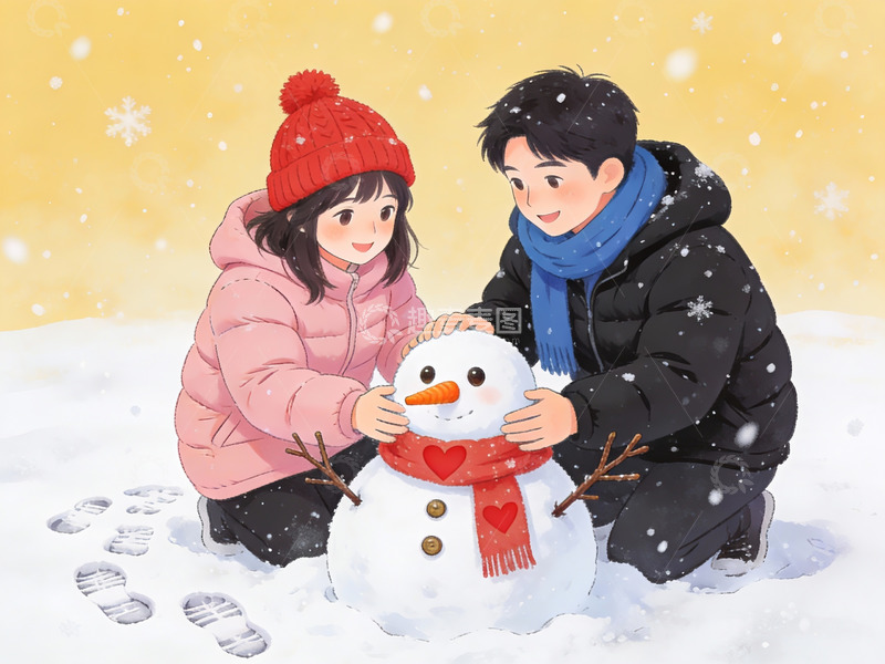 高清大图下载【趣麦麦图】情侣堆雪人冬日场景