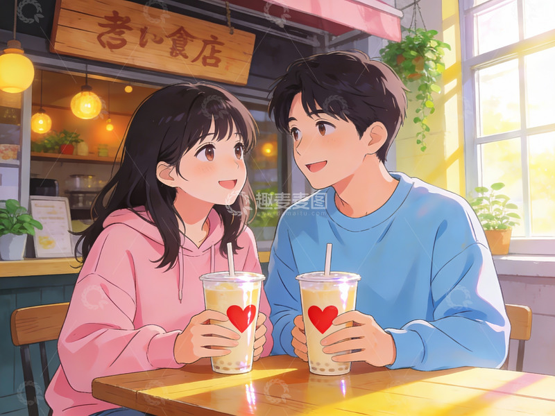 高清大图下载【趣麦麦图】情侣在咖啡店喝奶茶