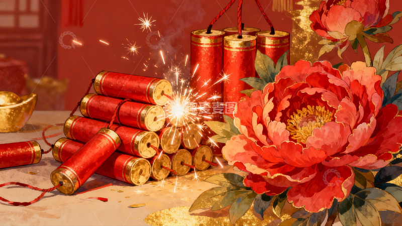 高清大图下载【趣麦麦图】春节烟花与牡丹花绽放