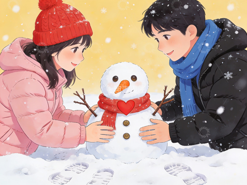高清大图下载【趣麦麦图】情侣雪中堆雪人