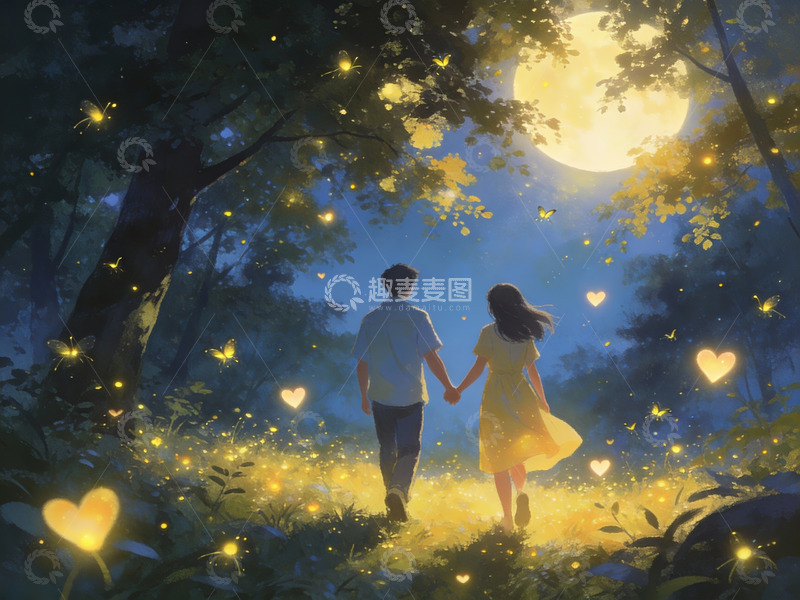 高清大图下载【趣麦麦图】月下情侣携手林间