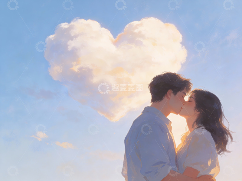 高清大图下载【趣麦麦图】情侣在心形云下亲吻