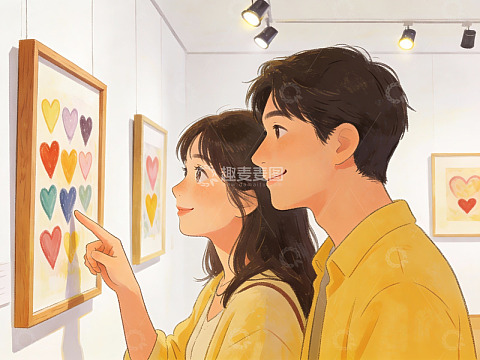 情侣在美术馆欣赏心形画作