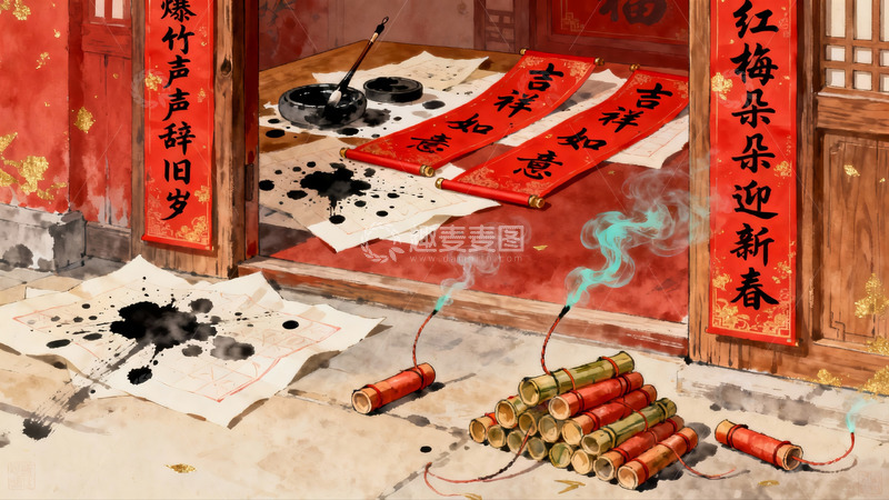 高清大图下载【趣麦麦图】春节庭院爆竹与春联