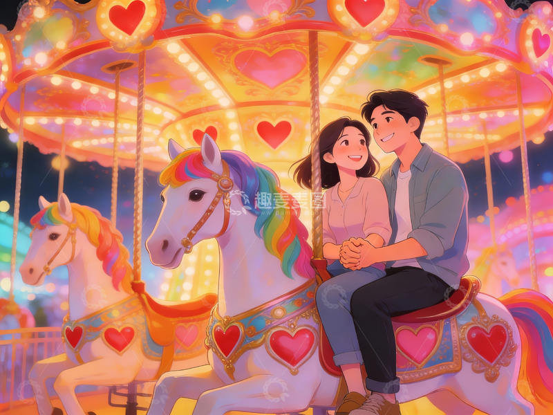 高清大图下载【趣麦麦图】情侣在旋转木马上共度时光