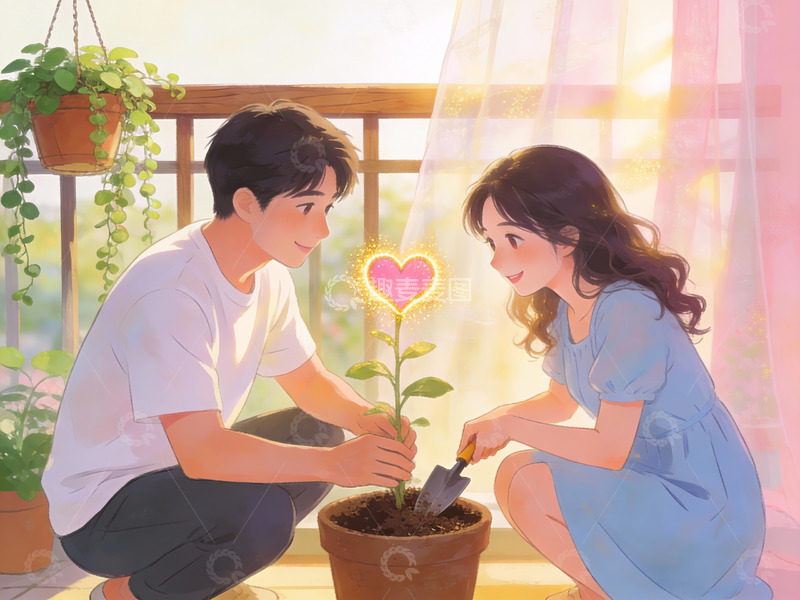 高清大图下载【趣麦麦图】情侣共植爱心植物