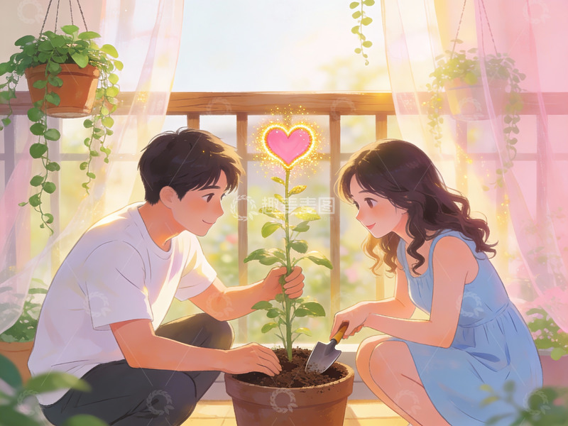 高清大图下载【趣麦麦图】情侣共同种植爱心植物