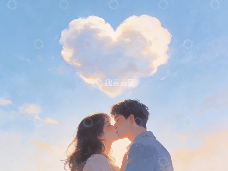 高清大图下载【趣麦麦图】情侣亲吻心形云朵