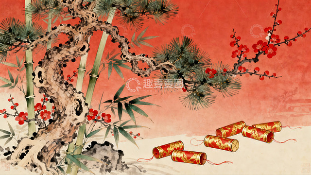 传统中国画松竹梅与鞭炮