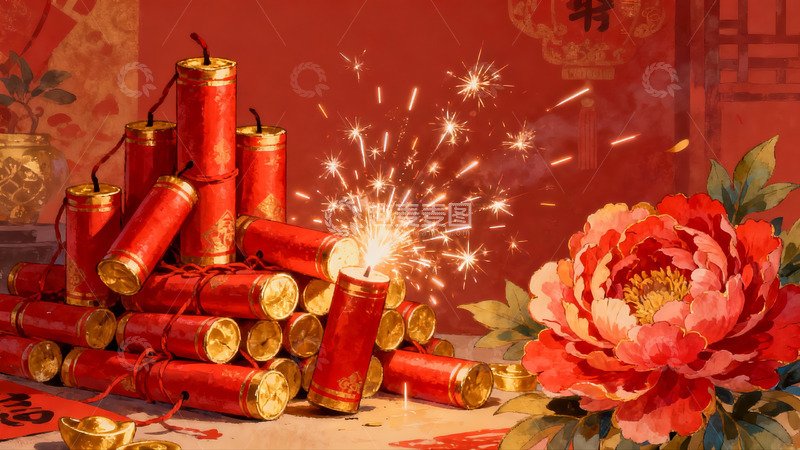 高清大图下载【趣麦麦图】春节烟花绽放牡丹盛开