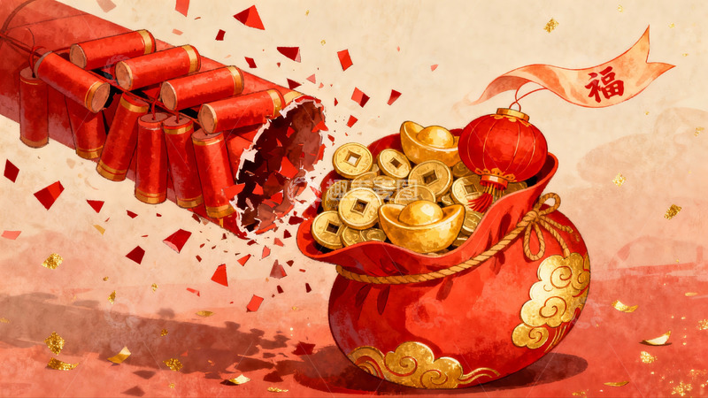 高清大图下载【趣麦麦图】春节爆竹金元宝红袋寓意