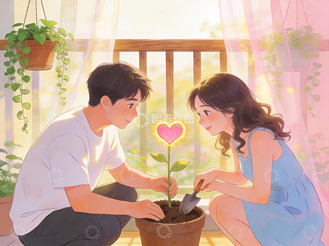 情侣共同种植爱心花朵