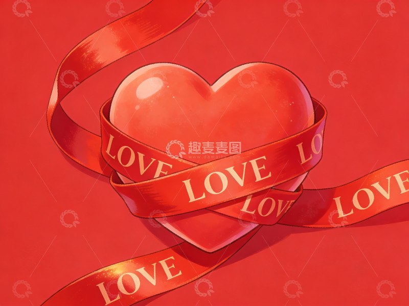 高清大图下载【趣麦麦图】红色心形与爱字丝带