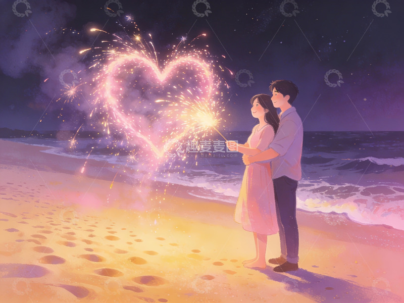 高清大图下载【趣麦麦图】情侣海滩燃放心形烟花