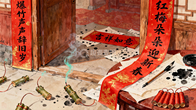 春节门前爆竹对联迎新春