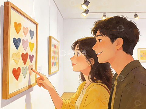 情侣观赏心形画作