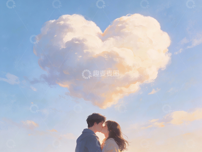 高清大图下载【趣麦麦图】情侣亲吻心形云朵