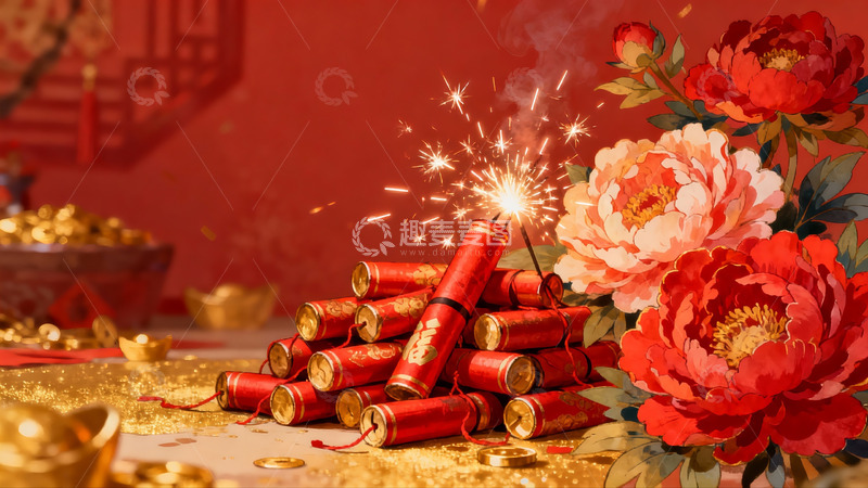 高清大图下载【趣麦麦图】春节烟花与牡丹花装饰