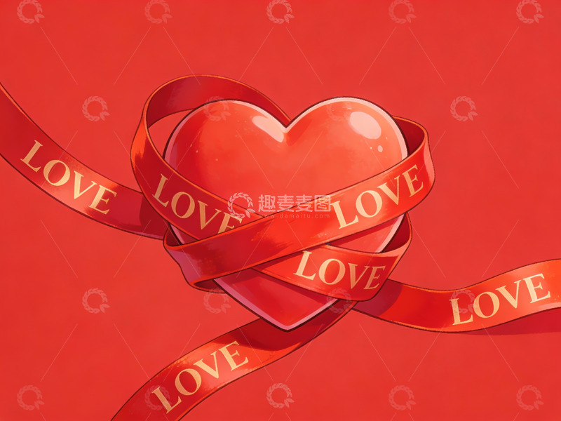 高清大图下载【趣麦麦图】红色心形与爱字丝带
