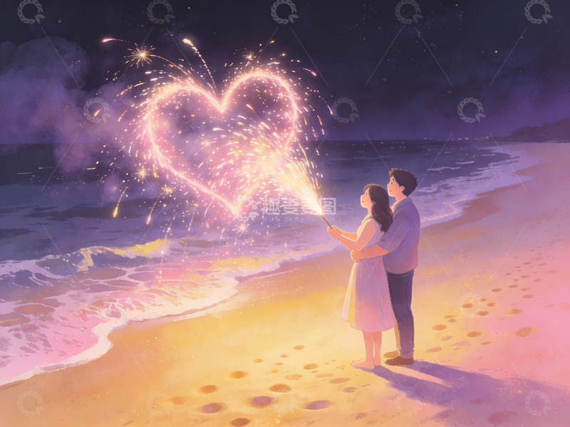 高清大图下载【趣麦麦图】情侣海滩燃放心形烟花
