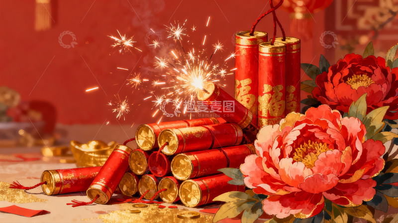 高清大图下载【趣麦麦图】春节烟花与牡丹花装饰
