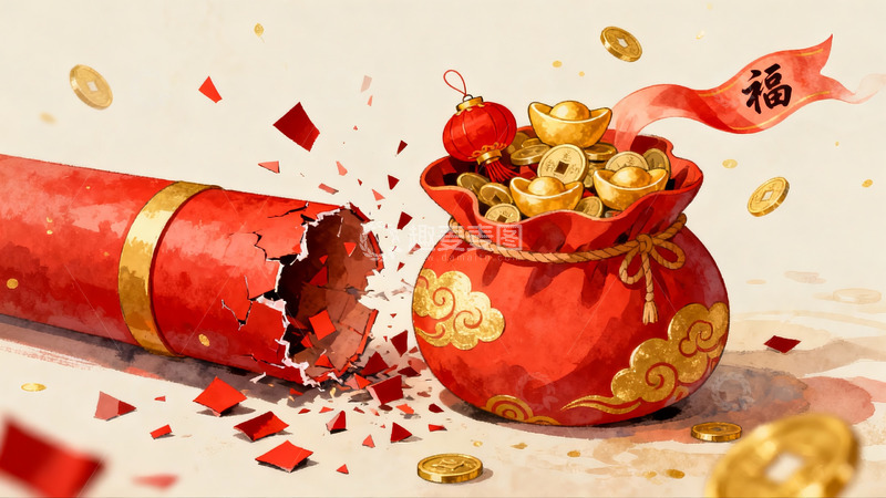 高清大图下载【趣麦麦图】爆竹开袋财源滚滚新年景象