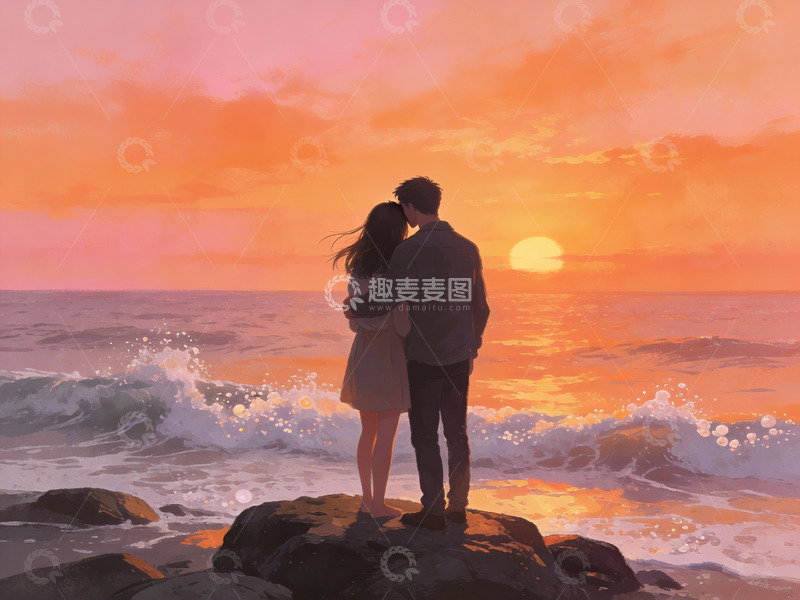 高清大图下载【趣麦麦图】情侣海边日落相拥