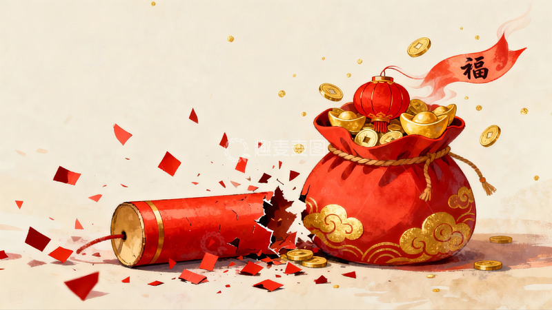 高清大图下载【趣麦麦图】新年爆竹与福袋寓意吉祥