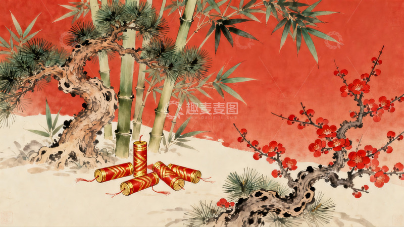 高清大图下载【趣麦麦图】传统水墨画中的松竹梅与鞭炮