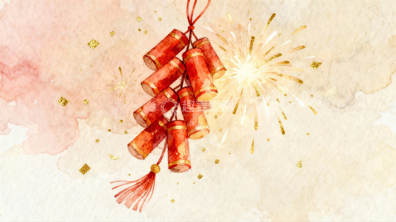 高清大图下载【趣麦麦图】新年烟花鞭炮水彩画