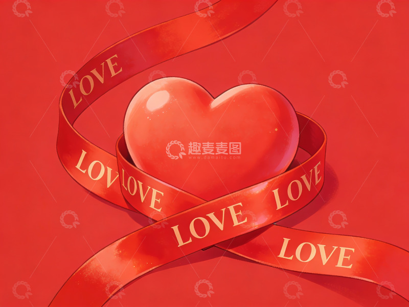 高清大图下载【趣麦麦图】红色心形与爱字丝带