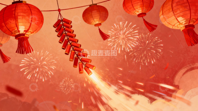高清大图下载【趣麦麦图】红灯笼烟花绽放节日夜
