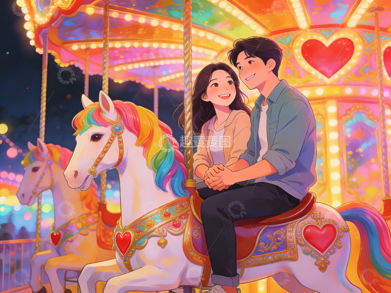 高清大图下载【趣麦麦图】情侣在旋转木马上欢笑