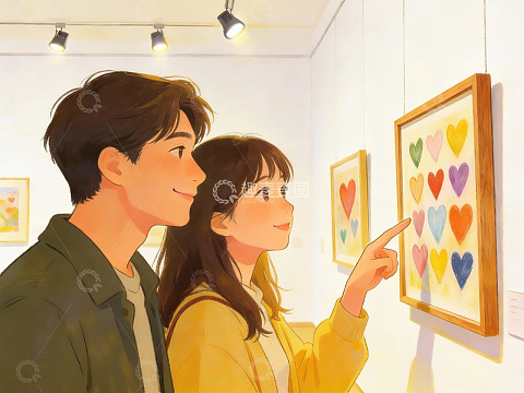情侣参观艺术画展