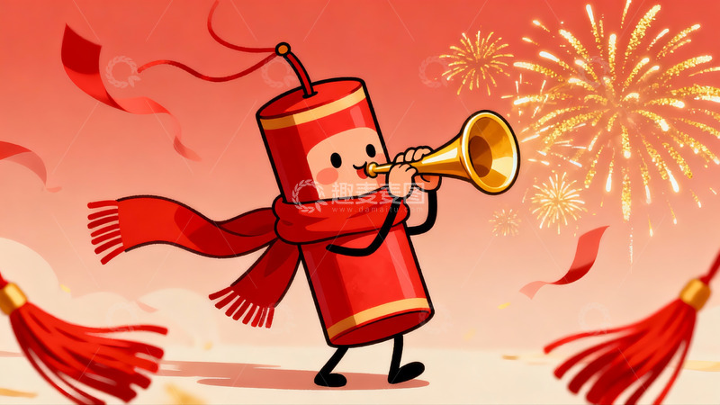 高清大图下载【趣麦麦图】卡通鞭炮吹号烟花绽放