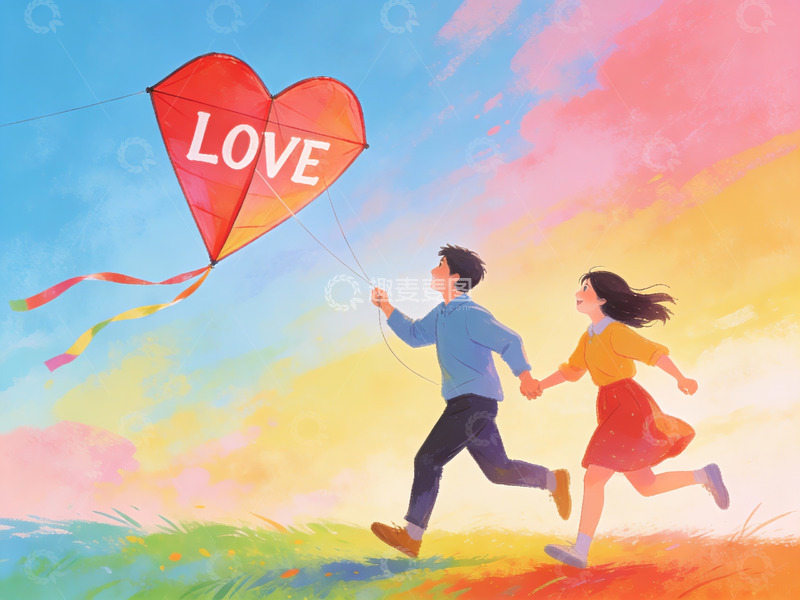 高清大图下载【趣麦麦图】情侣放飞爱心风筝
