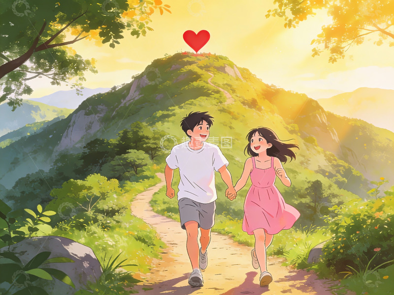 高清大图下载【趣麦麦图】情侣山间小径奔跑