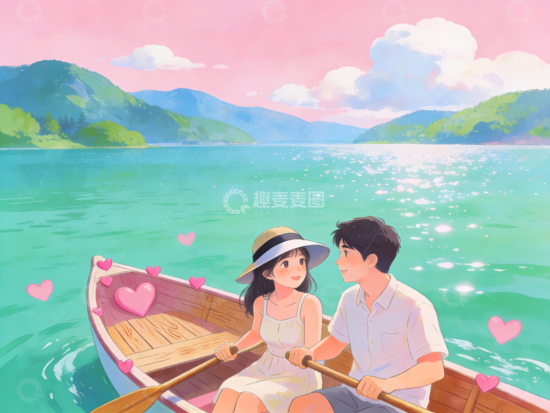 高清大图下载【趣麦麦图】情侣泛舟湖上浪漫场景