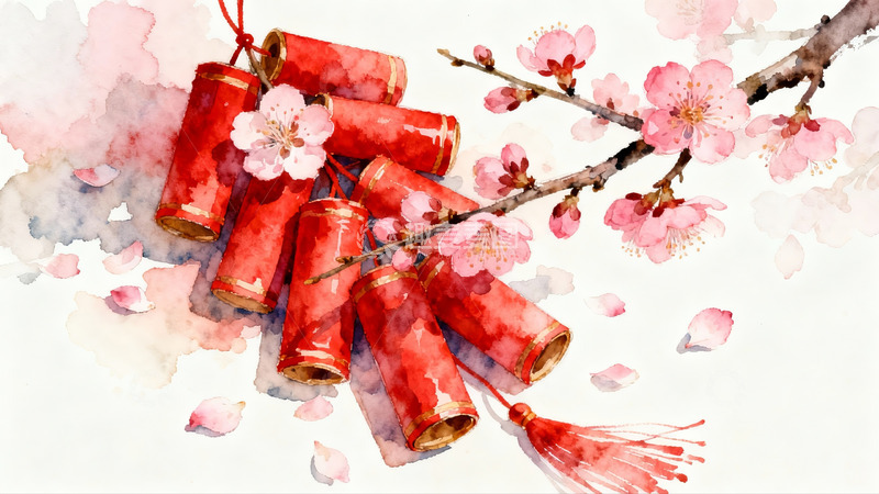 高清大图下载【趣麦麦图】水彩画中的鞭炮与梅花