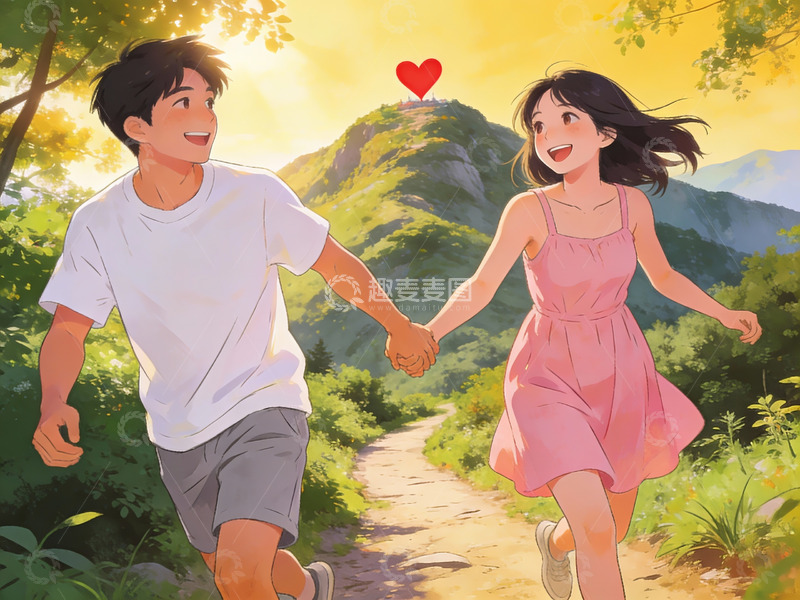 高清大图下载【趣麦麦图】情侣手牵手在山间小路奔跑
