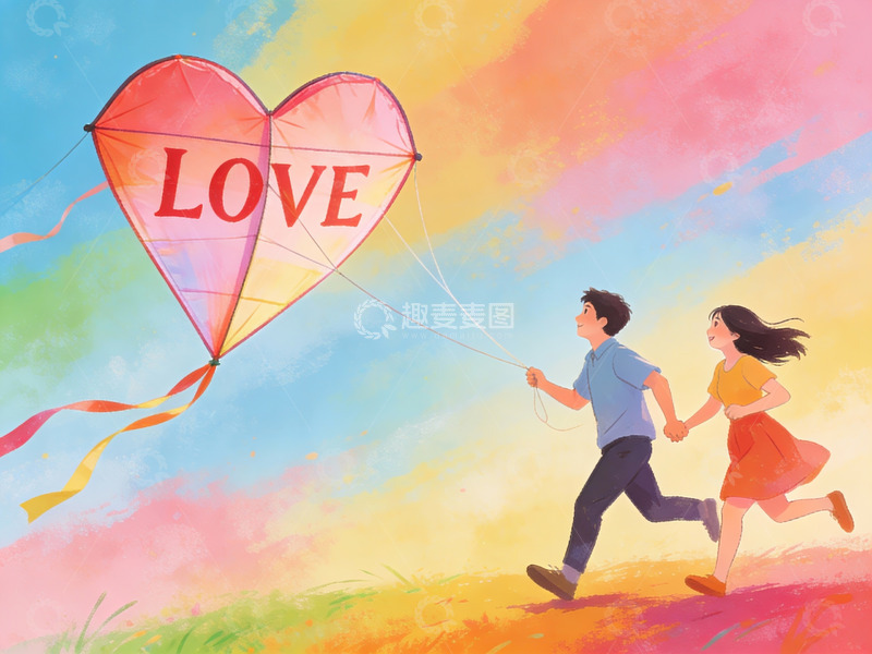 高清大图下载【趣麦麦图】情侣放飞爱心风筝