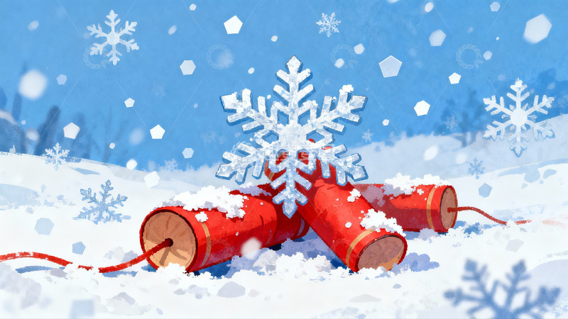 高清大图下载【趣麦麦图】雪地红鞭炮 雪花飘落节日氛围