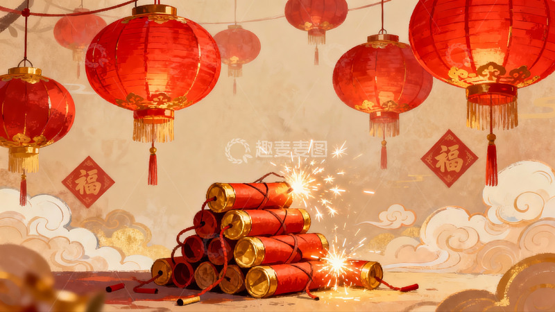 高清大图下载【趣麦麦图】新年灯笼鞭炮齐放喜庆场景